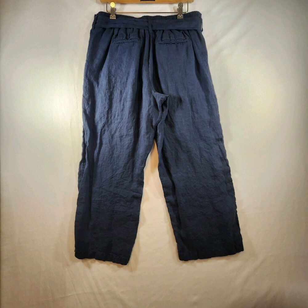 Nicole Miller Womens 100% Linen Capri Ankle Pants Med Blue Elastic Waist Belted - Picture 4 of 14